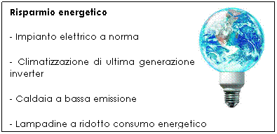 Casella di testo: Risparmio energetico
- Impianto elettrico a norma
- Climatizzazione di ultima generazione inverter
- Caldaia a bassa emissione
- Lampadine a ridotto consumo energetico
