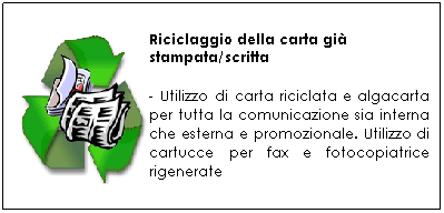 Casella di testo: Riciclaggio della carta gi stampata/scritta
- Utilizzo di carta riciclata e algacarta per tutta la comunicazione sia interna che esterna e promozionale. Utilizzo di cartucce per fax e fotocopiatrice rigenerate
