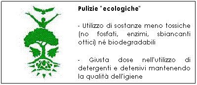 Casella di testo: Pulizie "ecologiche"
- Utilizzo di sostanze meno tossiche (no fosfati, enzimi, sbiancanti ottici) n biodegradabili
- Giusta dose nell'utilizzo di detergenti e detersivi mantenendo la qualit dell'igiene
